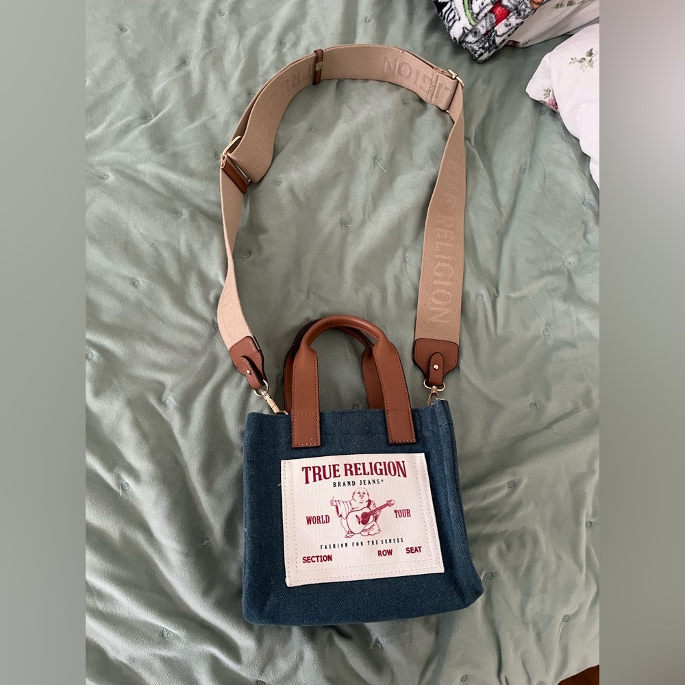 True Religion Denim and Tan Messenger Bag